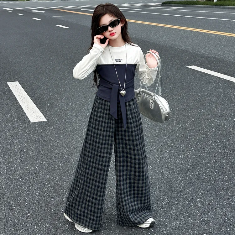 高腰格子休闲风女童春秋新款套装时尚洋气韩版中大童卫衣两件套