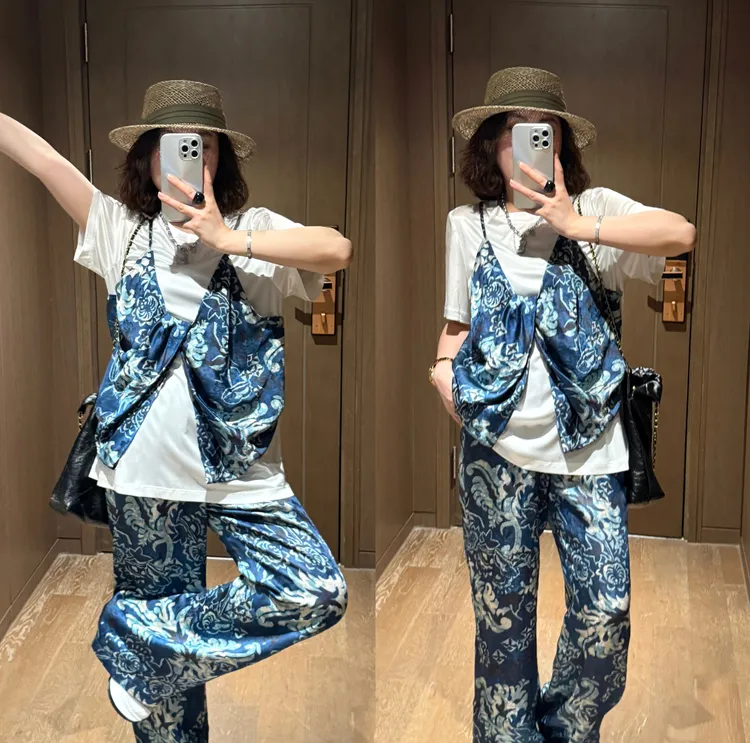 YDFSTUDIO小众【青花情愫】欧货高品假两件吊带设计上衣+裤子套装