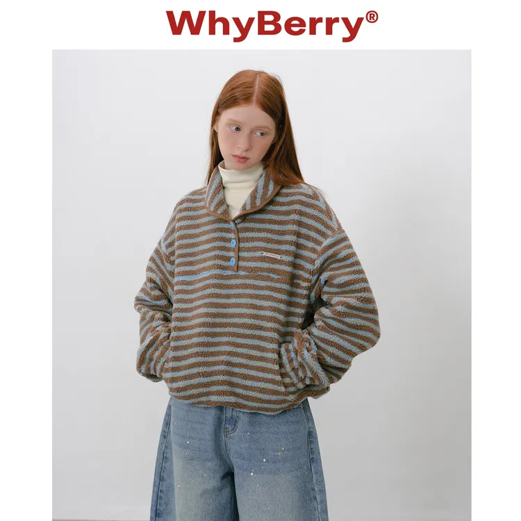 WhyBerry 25AW“海盐可露丽”条纹羔毛卫衣宽松加厚上衣外套女