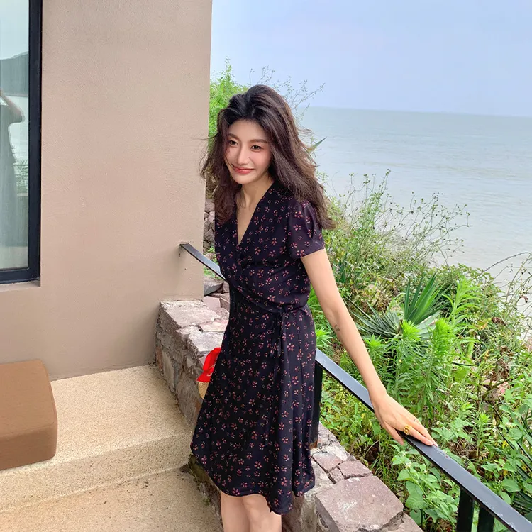 【ALONE SAVOR】龍喜儿 晚樱 优雅气质碎花弹力网纱修身连衣裙T422