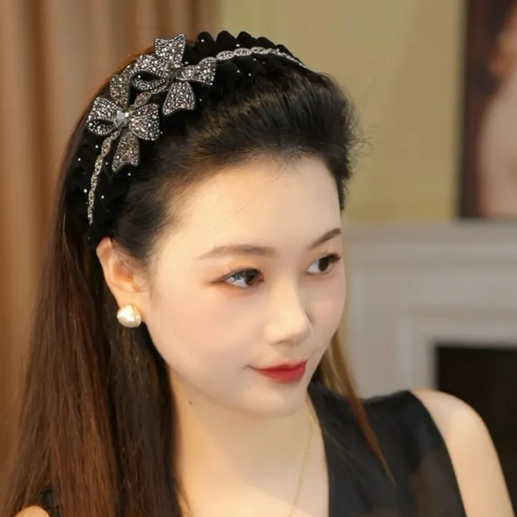 秋冬新款增高颅顶遮白发遮盖碎发手工点钻带齿防滑时尚百搭发箍