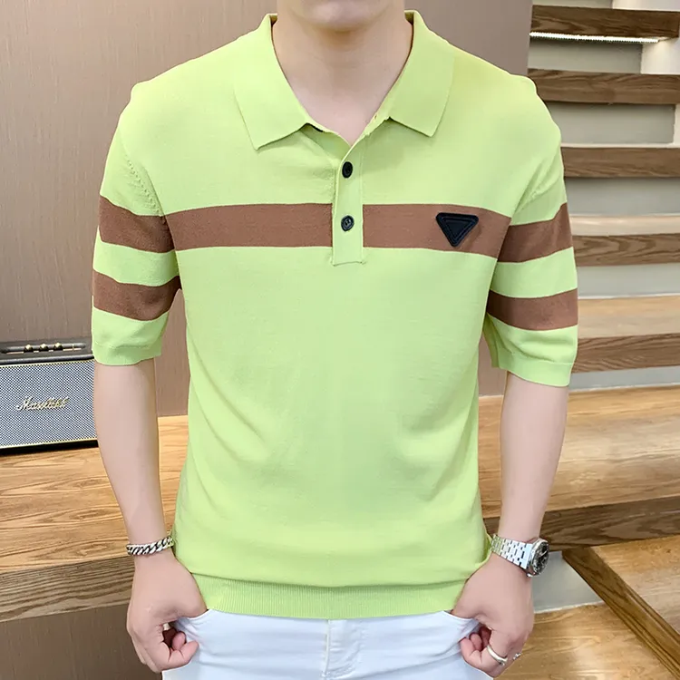 2024夏季新款个性条纹修身弹力透气薄款针织冰丝翻领短袖polo衫男