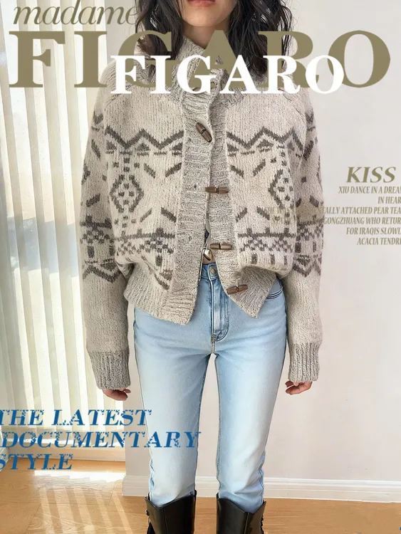 针织女提花插肩袖慵懒风毛针织衫2025冬季复古针织衫时尚毛衣60