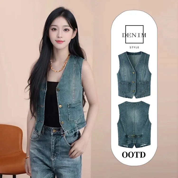 短款牛仔马甲女款夏季小个子v领后背系带无袖坎肩背心马夹外套潮