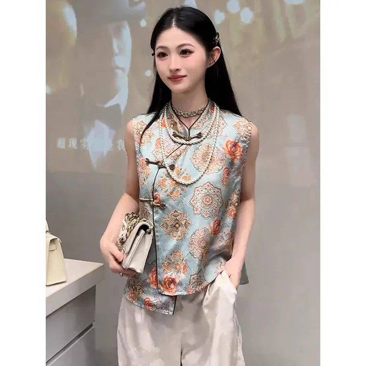 国风新中式复古无袖背心女2025夏季新款气质宽松坎肩马甲上衣女装