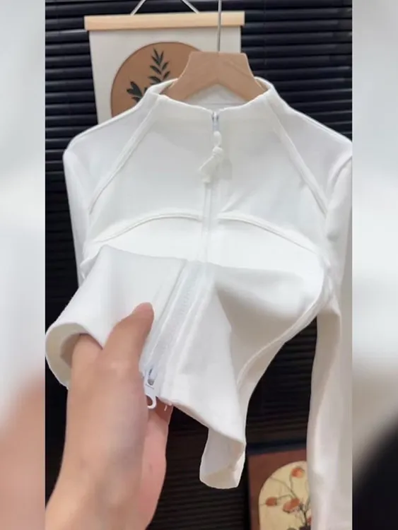 欧货极简风高端白色拉链设计长袖女2025秋季新款瑜伽运动修身上衣