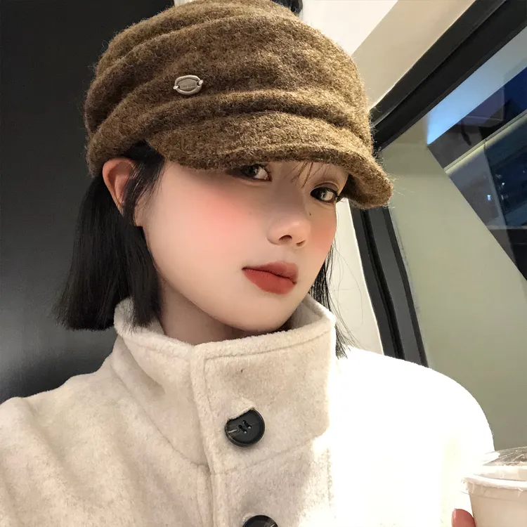 复古褶皱美拉德贝雷帽女秋冬季保暖显脸小大头围做旧鸭舌报童帽子
