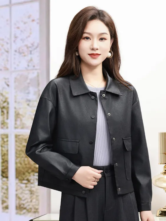 千金风短款流光风女皮翻领同款皮衣宽松休闲黑色皮夹克时尚秋季秋