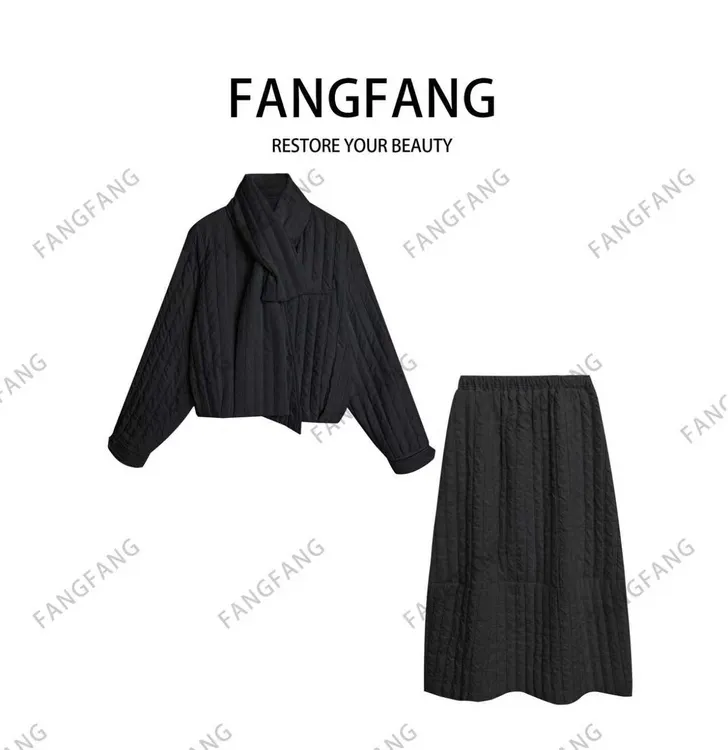 F.F冬季韩版肌理感纹理长袖夹棉棉服外套半身裙围巾三件套3817