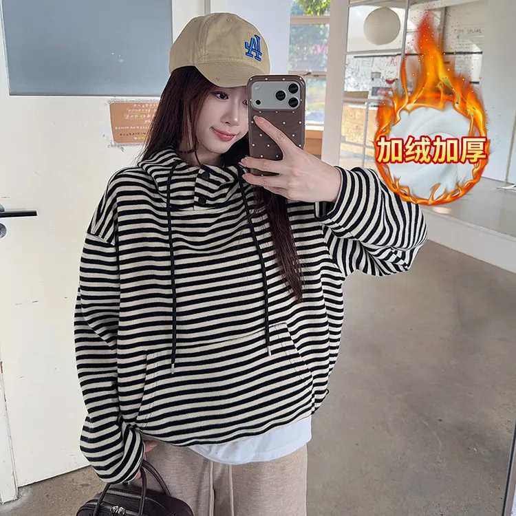 韩系慵懒风撞色条纹加绒卫衣女装新款小众炸街高级感宽松保暖上衣