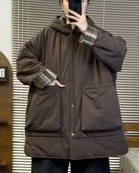 2025秋冬新款连帽双面穿拼格子休闲百搭立体口袋棉服外套女