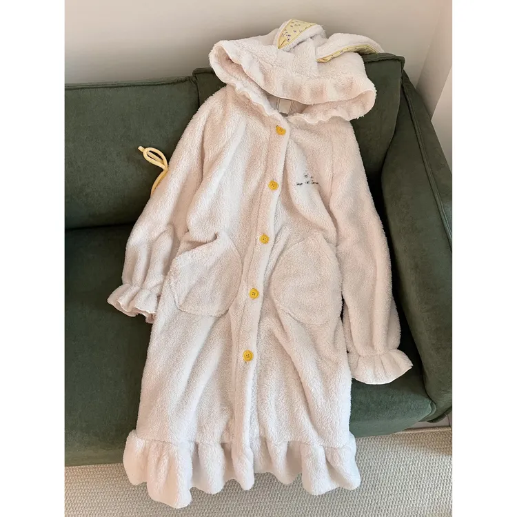 卡通兔子珊瑚绒睡袍女秋冬新款加厚保暖舒适家居服套装可外穿女生