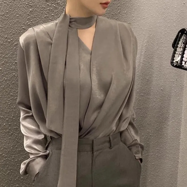 高级感轻奢衬衫女春御姐飘带V领衬衣法式绝美漂亮上衣D0376