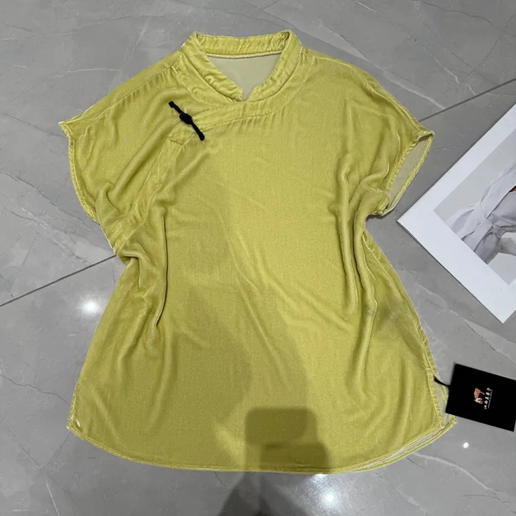设计师品牌正品新款中式国风真丝丝绒桑蚕丝上衣一字扣小衫短袖女