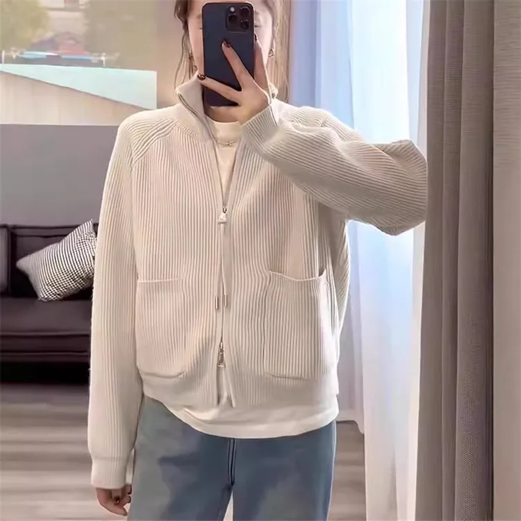 纯色立领双拉链针织开衫女秋冬季新款宽松百搭慵懒风休闲毛衣外套