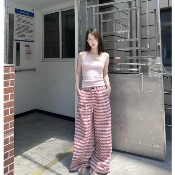 复古辣妹条纹抽绳休闲裤女装夏季2025新款小众别致宽松阔腿裤长裤