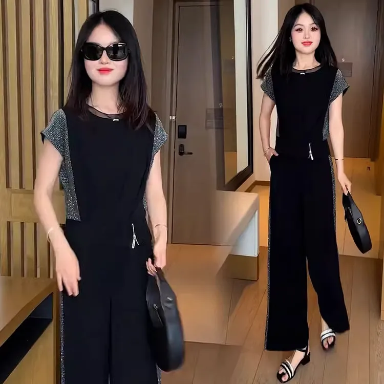 冰丝时尚套装女2025夏季新款洋气显瘦撞色短袖T恤阔腿裤两件套潮