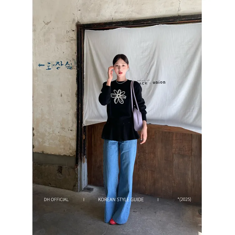 DH OFFICIAL 大花【穿一辈子的裤子 】韩系竹节宽松微喇阔腿牛仔裤