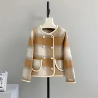 D20新款格子小香风双面羊毛大衣女短款时尚百搭宽松毛呢外套上衣