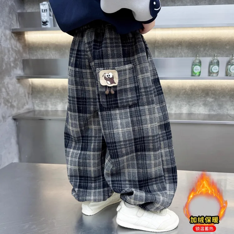 秋冬男童裤子加绒加厚儿童休闲裤2025新款宽松男孩长裤时髦格子裤