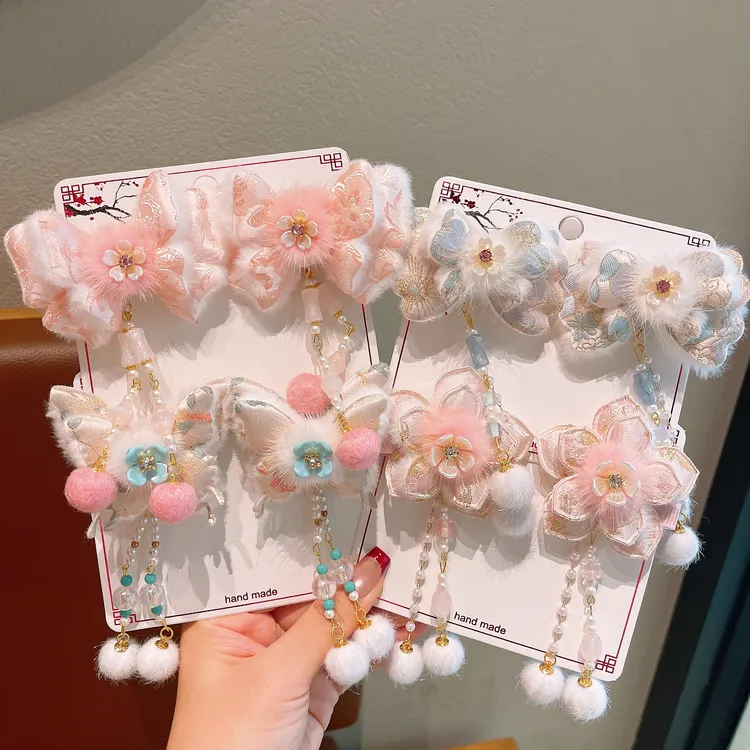 女童古风汉服头饰大红儿童毛球蝴蝶对夹宝宝新年发夹古装拜年发饰