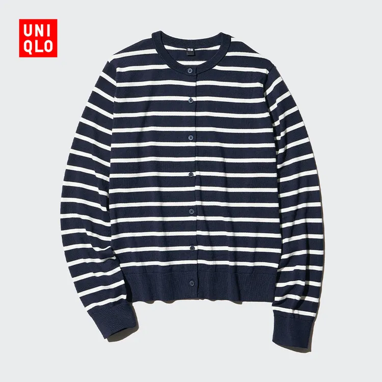 优衣库女装莫代尔棉混纺圆领条纹针织开衫长袖可机洗476975