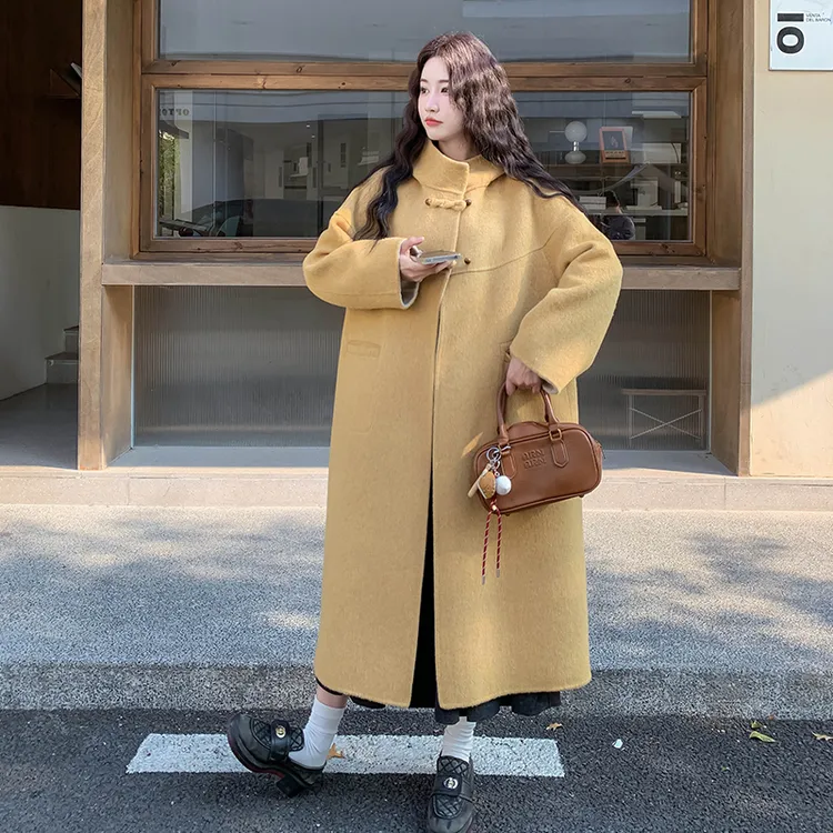 2025秋冬新款毛毛拼接加厚毛呢外套女慵懒休闲气质女装中长款大衣