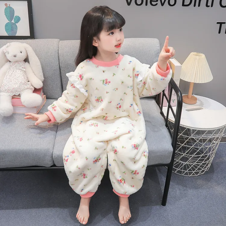 女童连体睡衣冬季儿童加厚法兰绒保暖家居服宝宝连身衣睡袋珊瑚绒