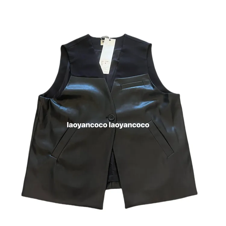 大葱0126｜皮拼接西装超显瘦中长款马甲#77193