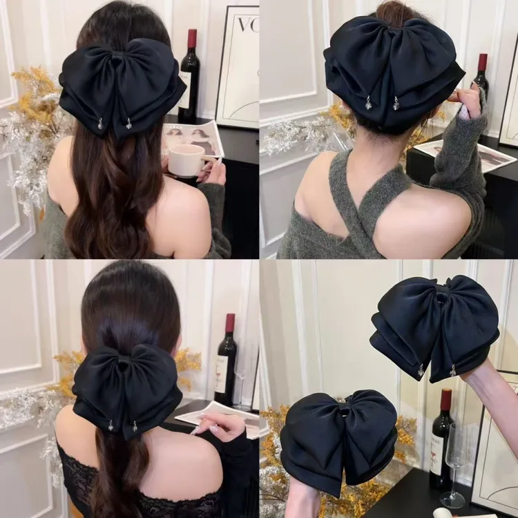 高级感蝴蝶结缎面发夹吊坠发卡日常百搭气质后脑勺鲨鱼夹发饰
