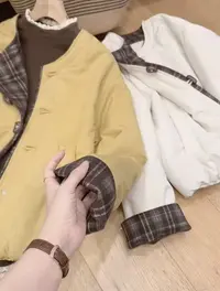 七言家冬天第一件棉袄#格子牛角扣拼接撞色棉外套