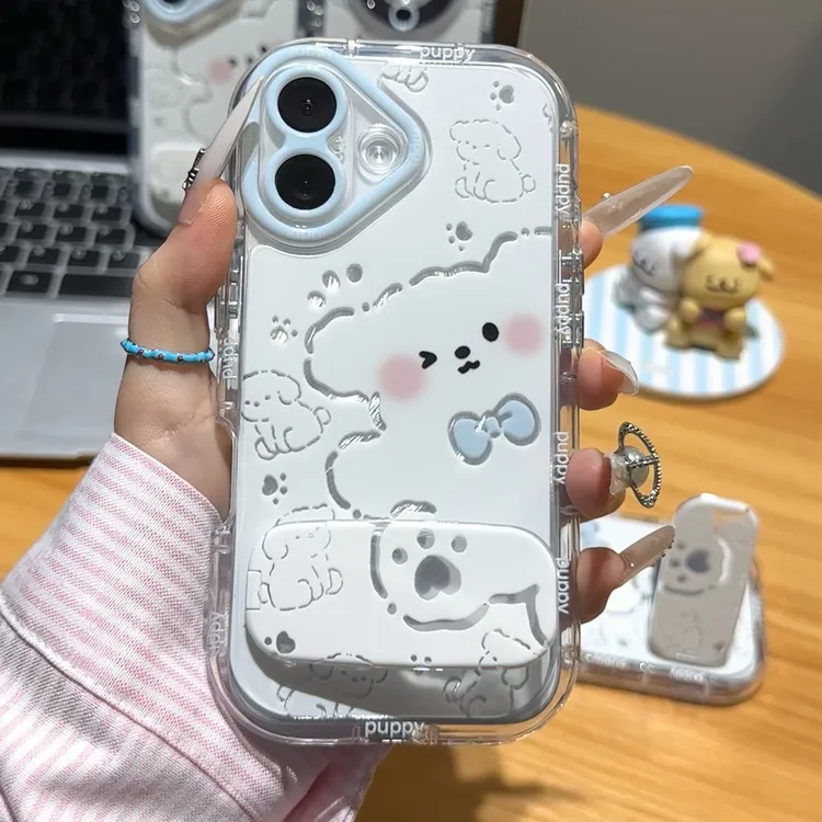 可爱蝴蝶结小狗支架适用苹果16手机壳iPhone15小米vivoppo华为p70