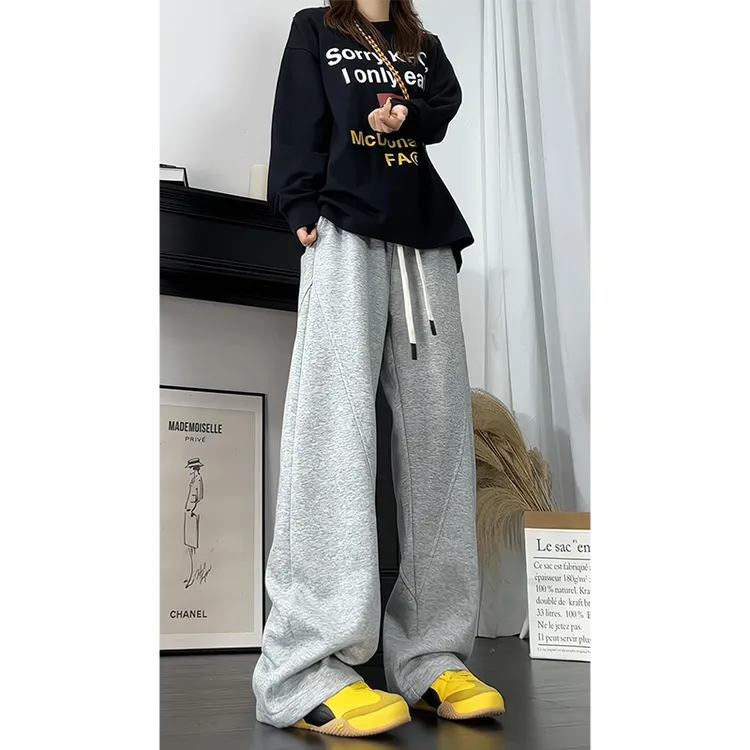 美式斜切拼接卫裤秋冬季潮牌大码阔腿慵懒风宽松直筒休闲运动长裤