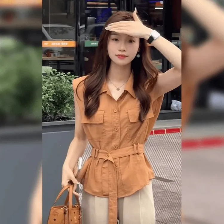 法式高级感翻领工装背心女夏季2025新款设计感收腰绑带无袖小上衣