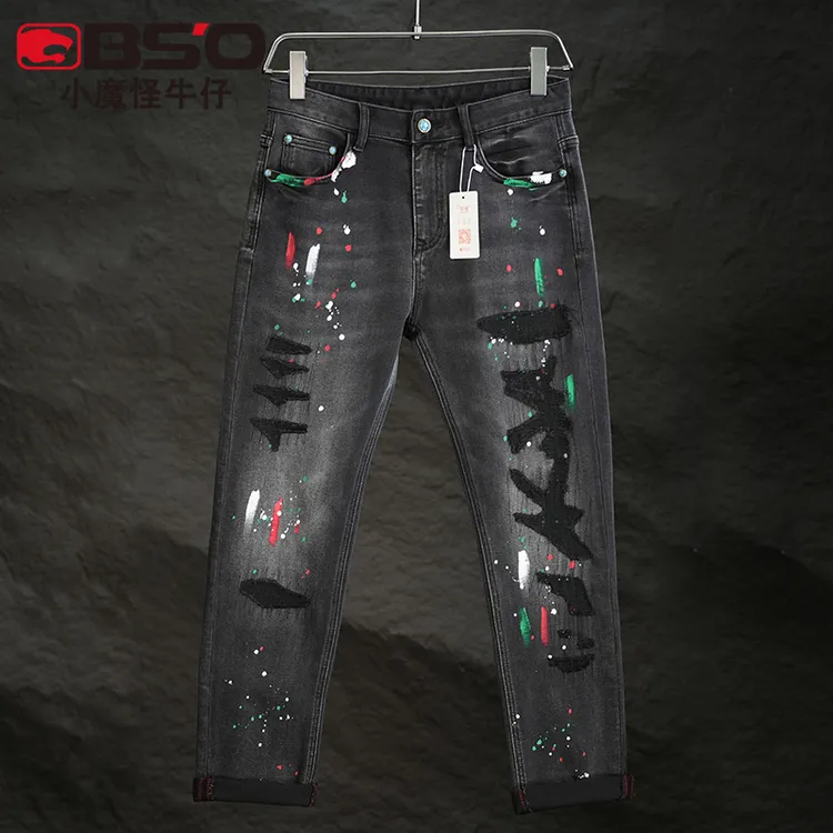 小魔怪秋冬款手绘涂鸦破洞补丁牛仔裤男款潮牌修身直筒弹力长裤子