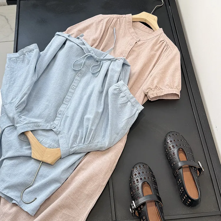 日系百搭纯色60亚麻棉文艺风纯色休闲系带连衣裙女24071