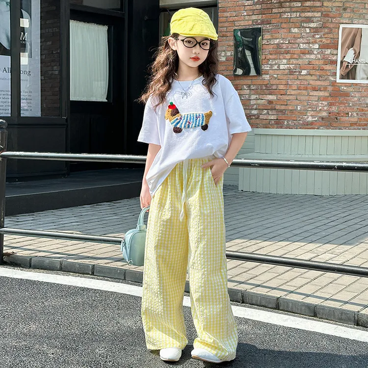 潮流夏装童装女童夏季套装新款中大童儿童短袖T女孩格子裤两件套9