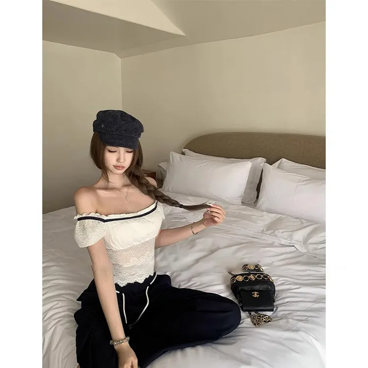 甜欲蕾丝拼接一字肩修身短袖T恤上衣夏季百搭显瘦休闲阔腿裤长裤