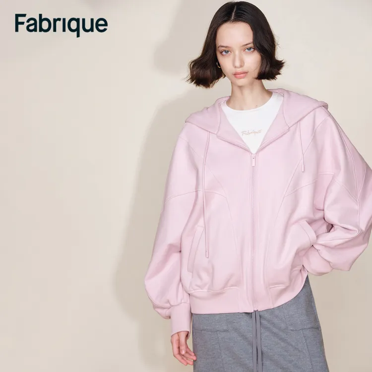 Fabrique Melody 秋冬新品淡粉紫纯棉加绒蝙蝠袖连帽休闲卫衣外套