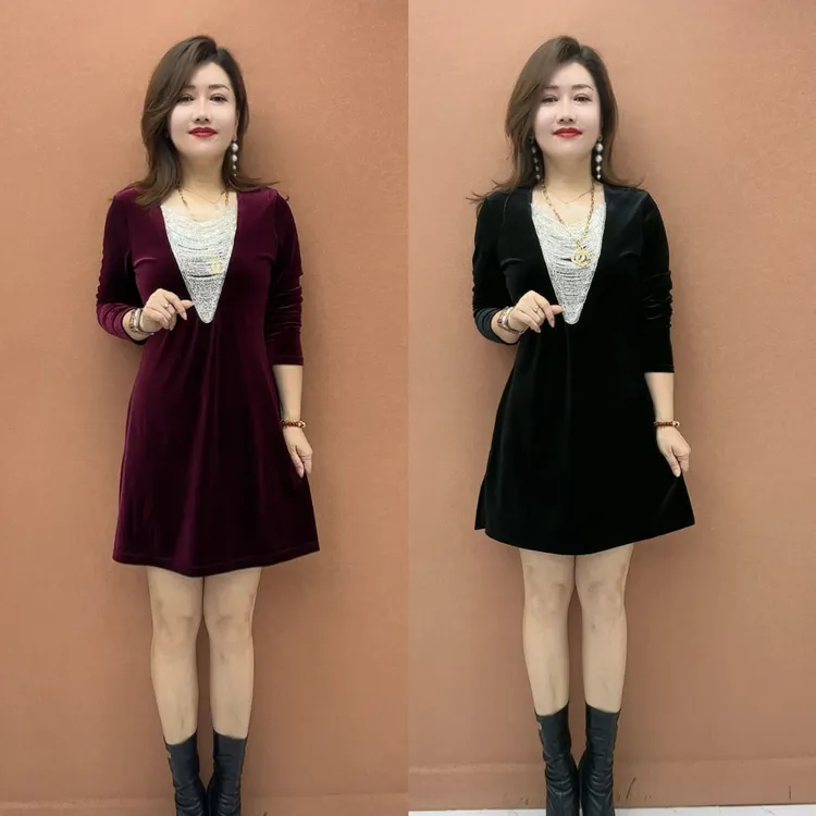 JXL2536新款时尚重工手工串珠V领气质减龄丝绒连衣裙