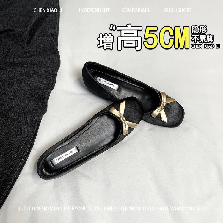 羊皮版~5cm小个子内增高小香风金属蝴蝶结玛丽珍鞋女温柔晚风单鞋