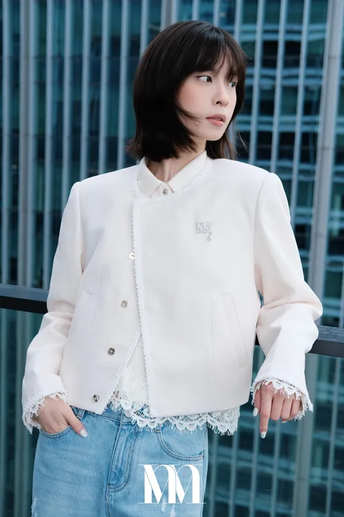 麻感编织秋冬休闲白色短款外套秋季上衣短外套女装长袖