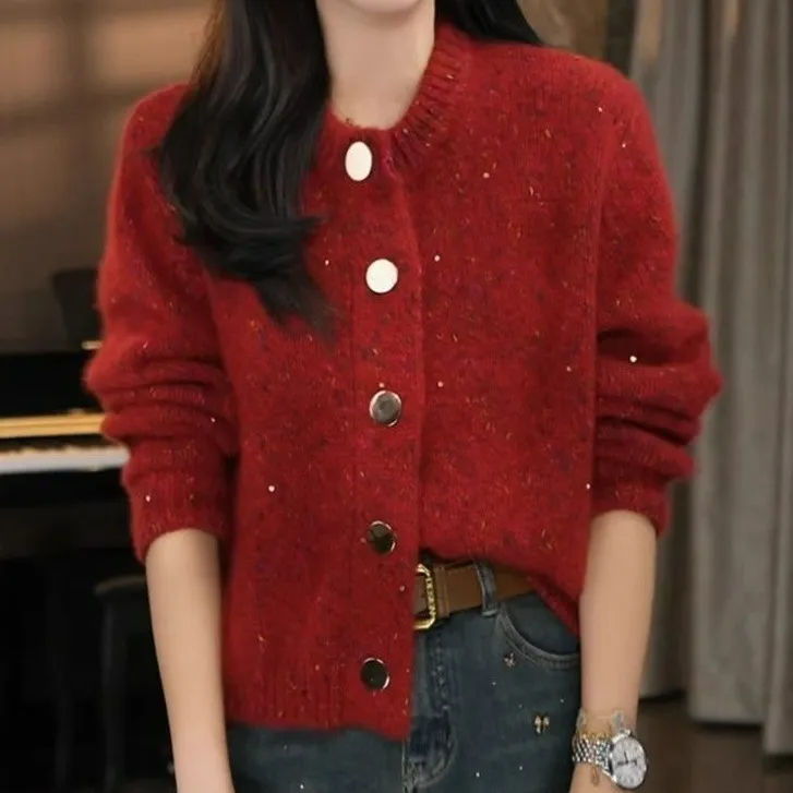 小香风高级感亮片针织开衫女2025秋冬季新款气质轻奢红色长袖毛衣