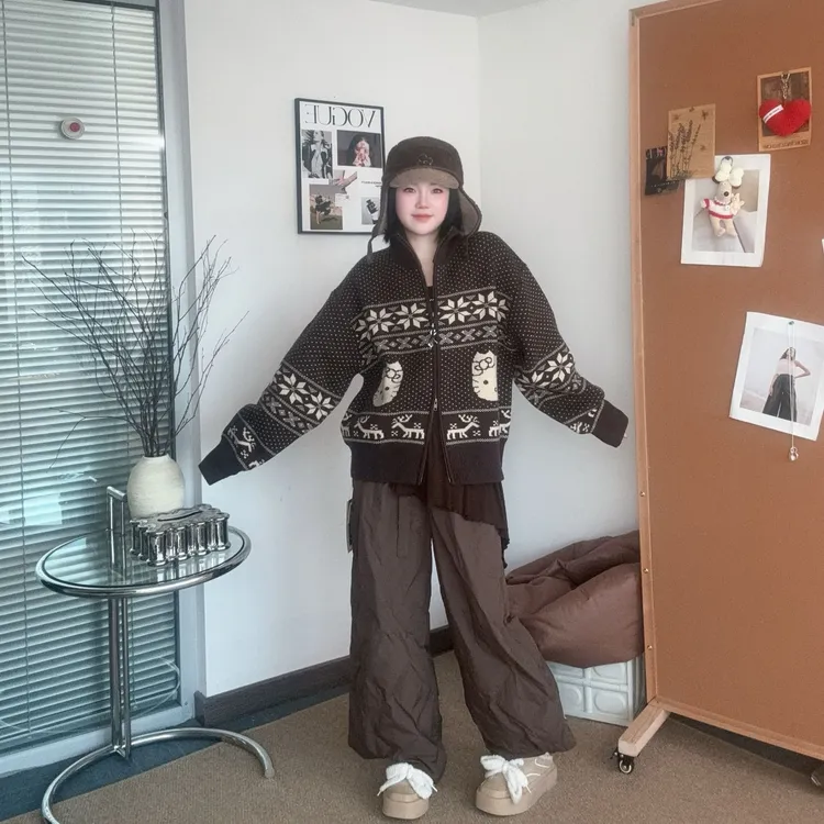 TBAMZ 费尔岛雪花麋鹿kitty羊毛毛衣外套 15MY824