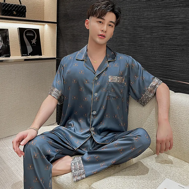 睡衣男夏款冰丝薄款短袖长裤套装青年休闲宽松大码时尚夏季家居服