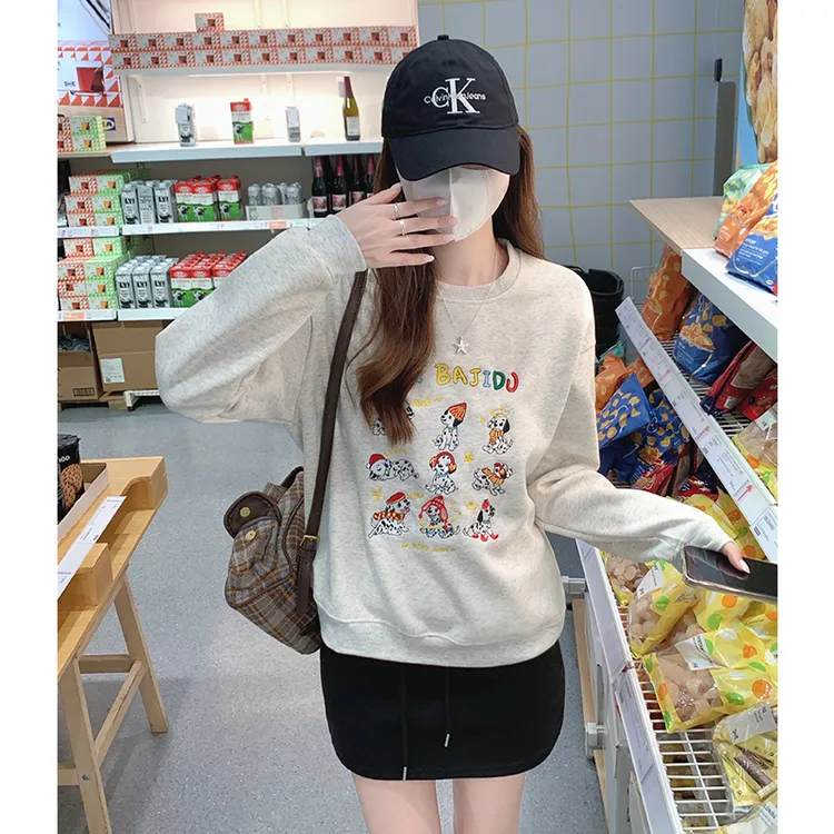 套头圆领刺绣卫衣女秋季2025爆款宽松显瘦字母卡通长袖设计感上衣
