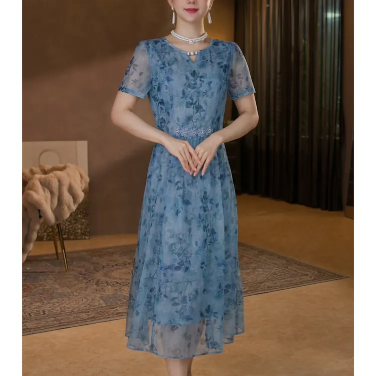 【香妮芬】83358高档弹力水晶纱妈妈连衣裙女夏季新款气质显瘦大码