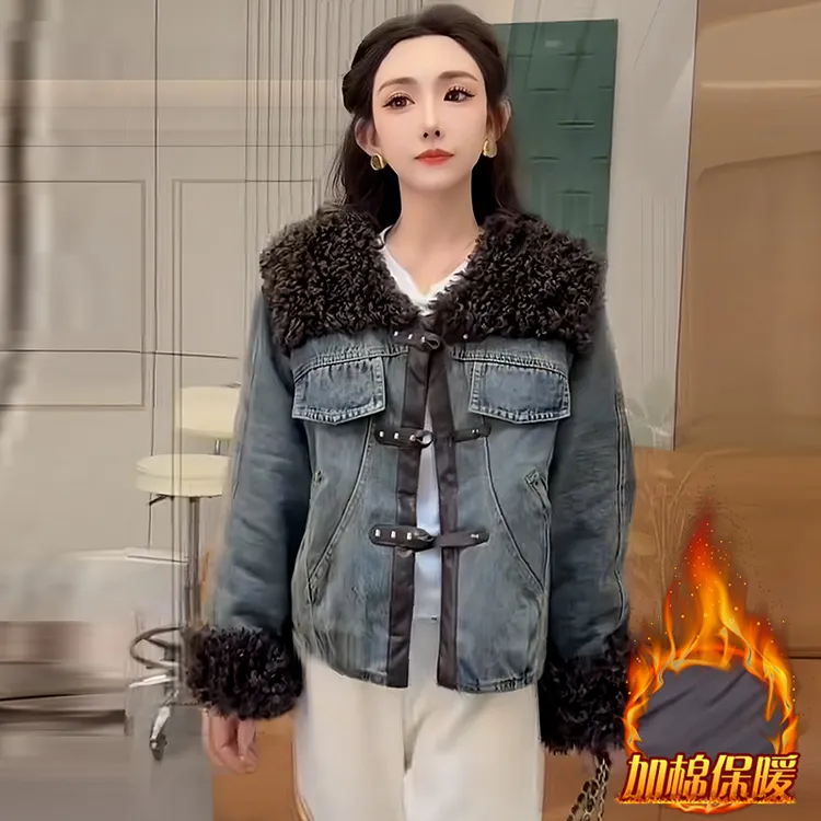 韩版时尚潮流牛仔短外套女2025年秋冬新款加厚保暖设计感小众上衣