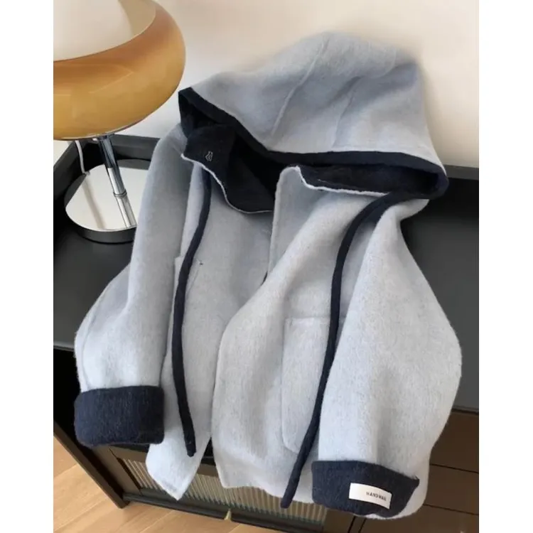 小个子巨好看撞色拼接连帽毛呢外套女2025秋新款韩系气质减龄上衣