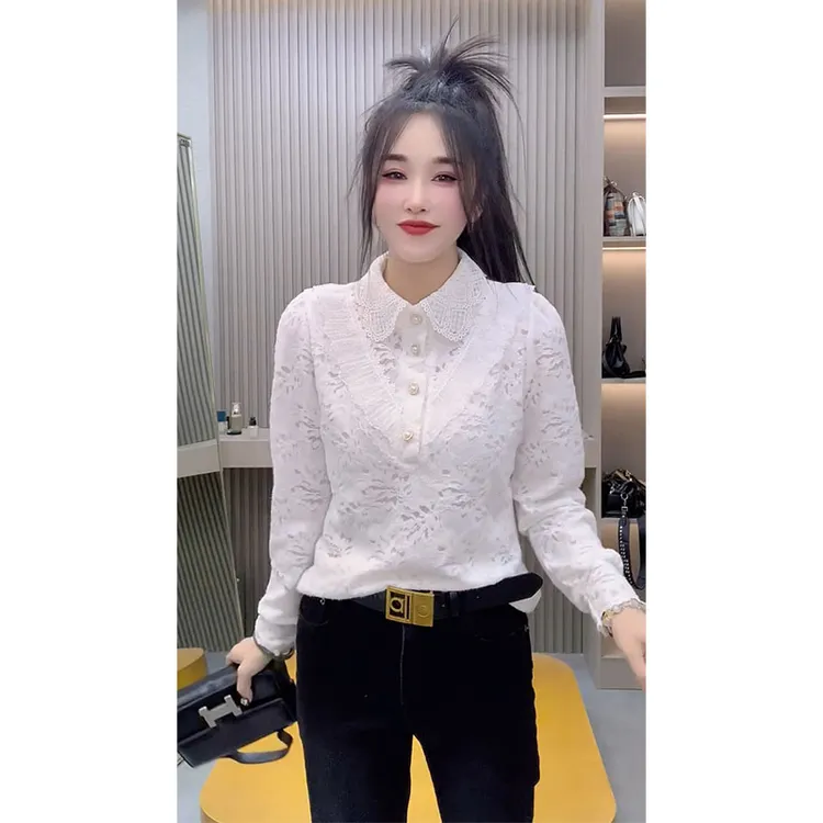 网红设计感纯色POLO领镂空长袖蕾丝衫秋冬新款拼接花边显瘦打底衫
